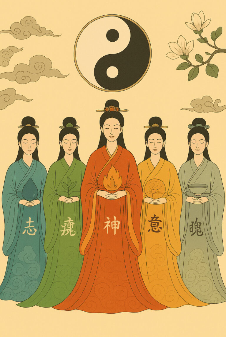 Darstellung fiktiver Frauen im asiatischen Stil in verschieden farbigen Kleidern, die jeweils ihr Element tragen. Das zugehörige Kanji ist auf ihrer Kleidung abgebildet.