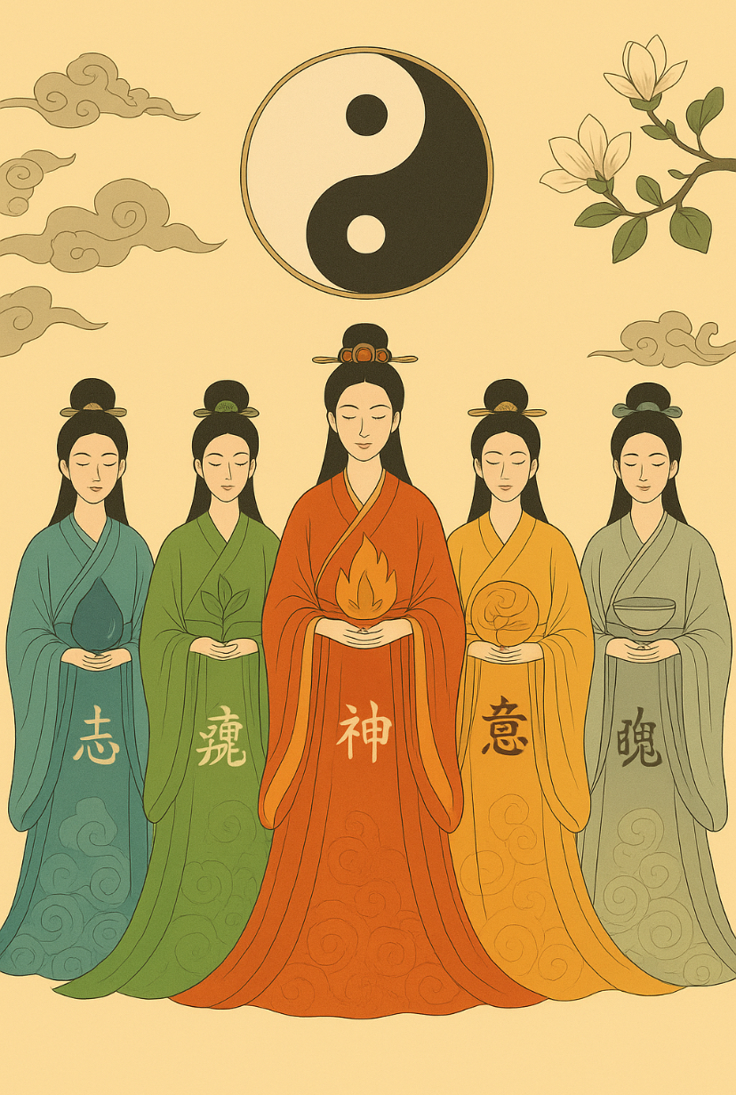 Darstellung fiktiver Frauen im asiatischen Stil in verschieden farbigen Kleidern, die jeweils ihr Element tragen. Das zugehörige Kanji ist auf ihrer Kleidung abgebildet.