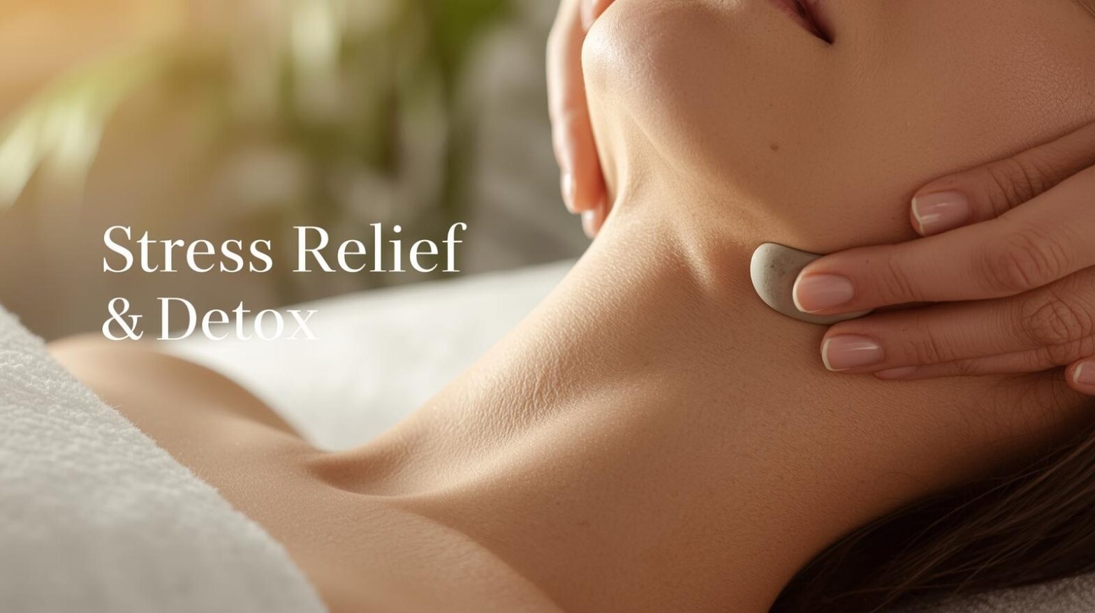 Nacken und Teile des Kopfes einer Frau, die mit GuaSha behandelt wird. Schriftzug: "Stress Relief & Detox"