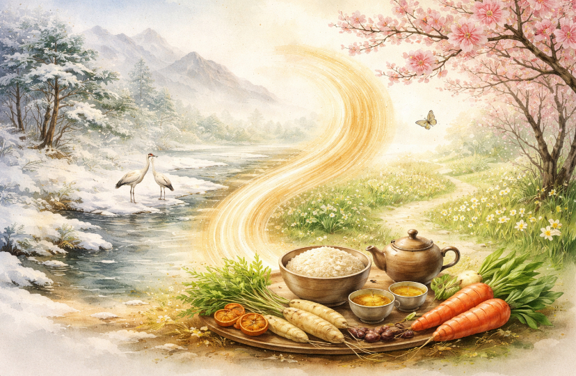 Links eine Winterlandschaft mit zwei Störchen, rechts eine Frühlingslandschaft mit Schmetterling. Im Vordergrund frisches Gemüse, Reis und Tee angerichtet.